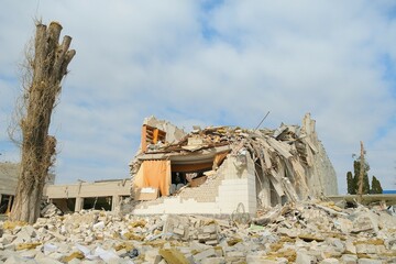 Destroyed school in the Ukrainian city of Zhytomyr. Russian aggression concept