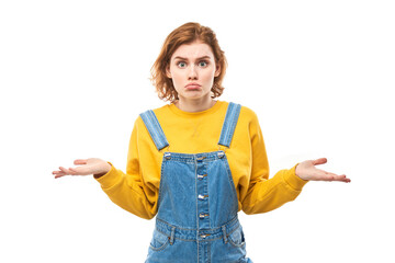 Smart redhead girl in casual shrugging hands thinks doubts, makes decision isolated on white studio background