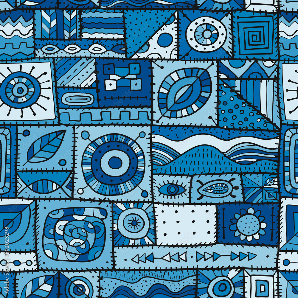 Aufkleber Sewn pieces of fabric in a patchwork style. Ethnic Ornament for your design. Seamless pattern