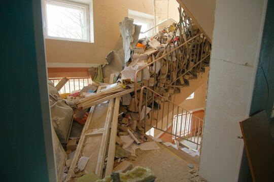Zhytomyr, Ukraine - March 16, 2022: consequences of the bomb dropped at school.