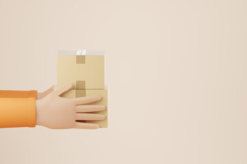 Cartoon holding cardboard box over pastel orange background. Online shopping and delivery concept. 3d render illustration.