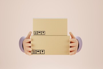 Cartoon holding cardboard box over pastel orange background. Online shopping and delivery concept. 3d render illustration.