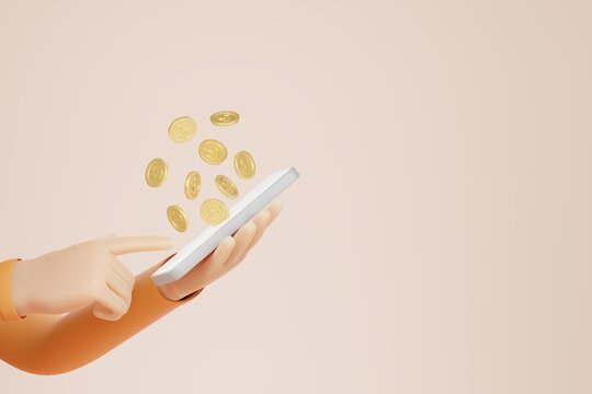 Cartoon hands holding smartphone with flying dollar coins over pastel orange background. Online banking concept. 3d render illustration