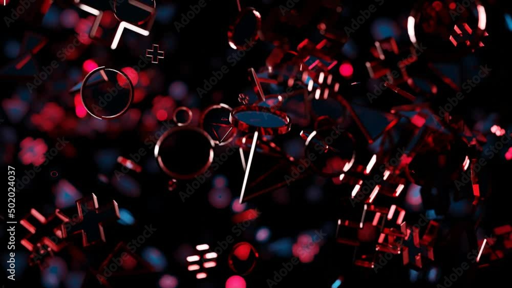 Poster abstract animated background. different 3d red figures fly on a black background. 3d render