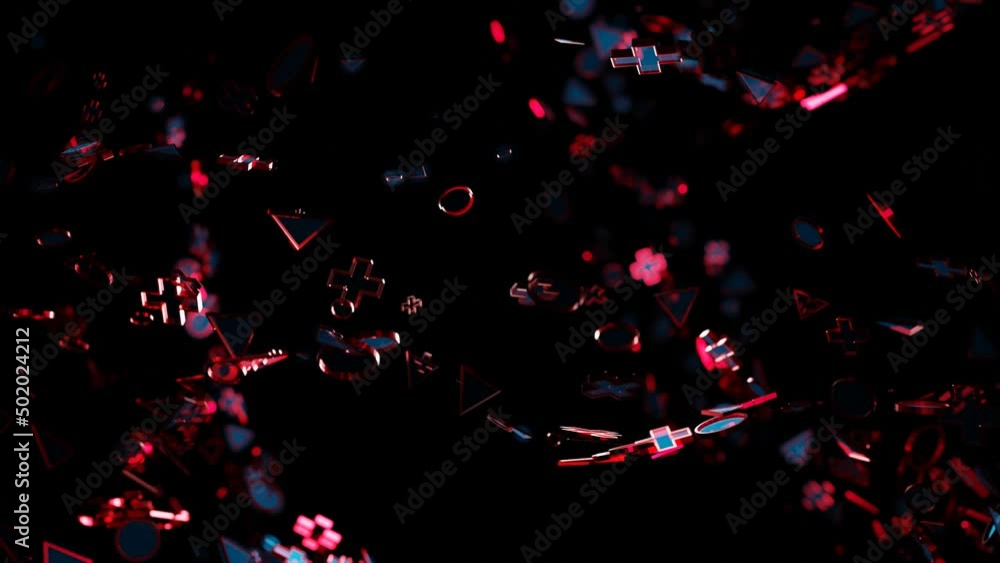 Poster abstract animated background. different 3d red figures fly on a black background. 3d render