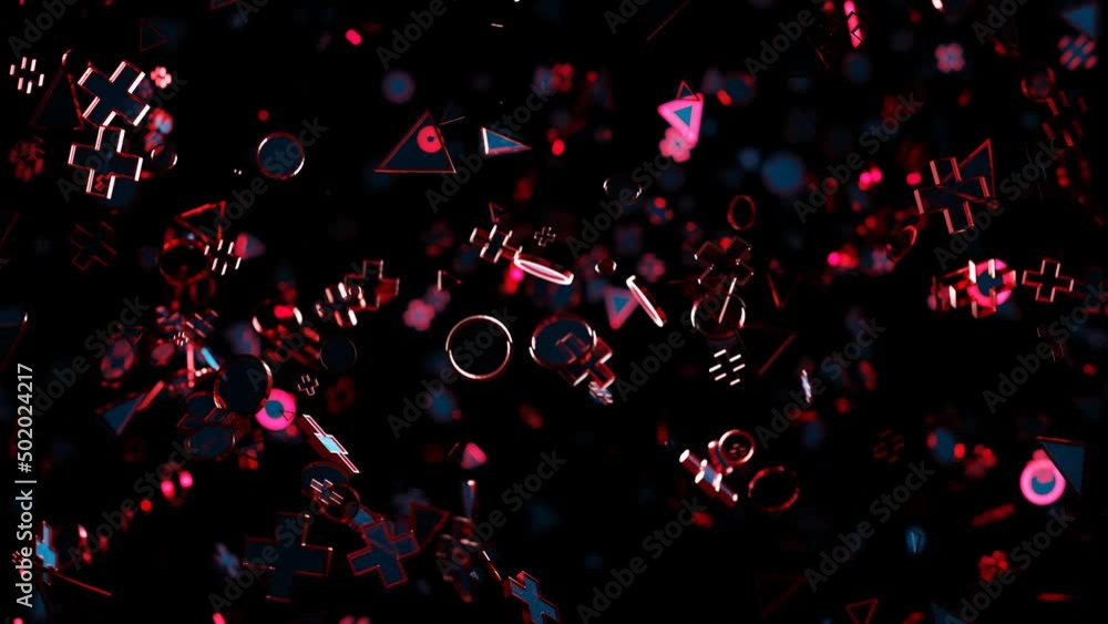 Poster abstract animated background. different 3d red figures fly on a black background. 3d render
