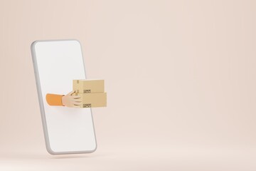 Cartoon hands holding cardboard box through smartphone over pastel orange background. Online shopping and delivery concept. 3d render illustration.