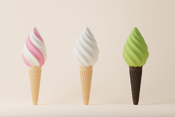 Three different flavors of soft serve and cone, elements for ice cream shop and summer season. 3D illustration render