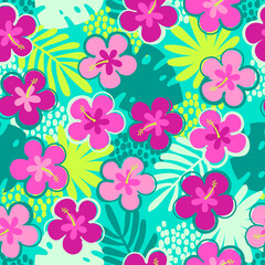 Fototapeta premium Colorful hand drawn hibiscus flower with tropical leaf seamless pattern for summer holidays background.
