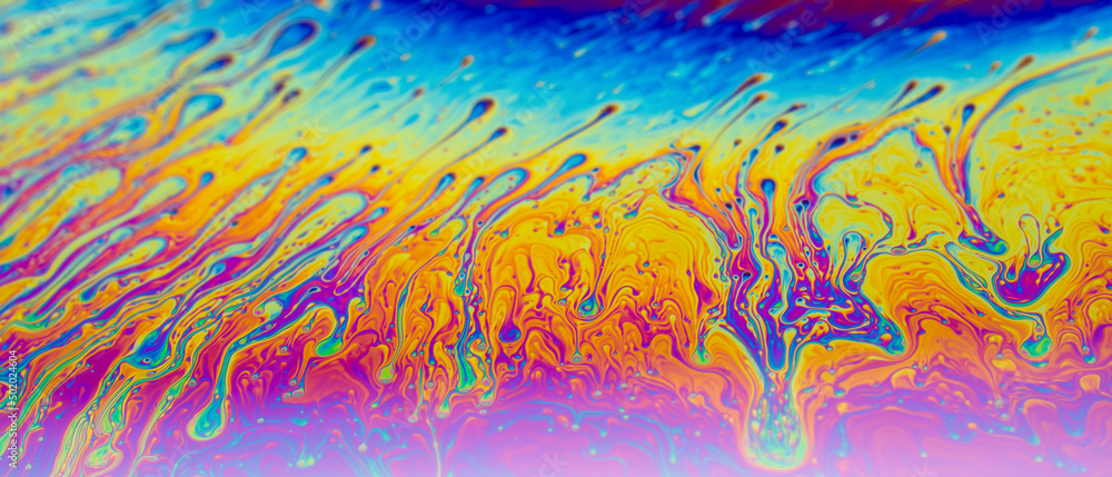 Poster Psychedelic abstraction, light interference on the surface of a soap bubble. Rainbow natural background