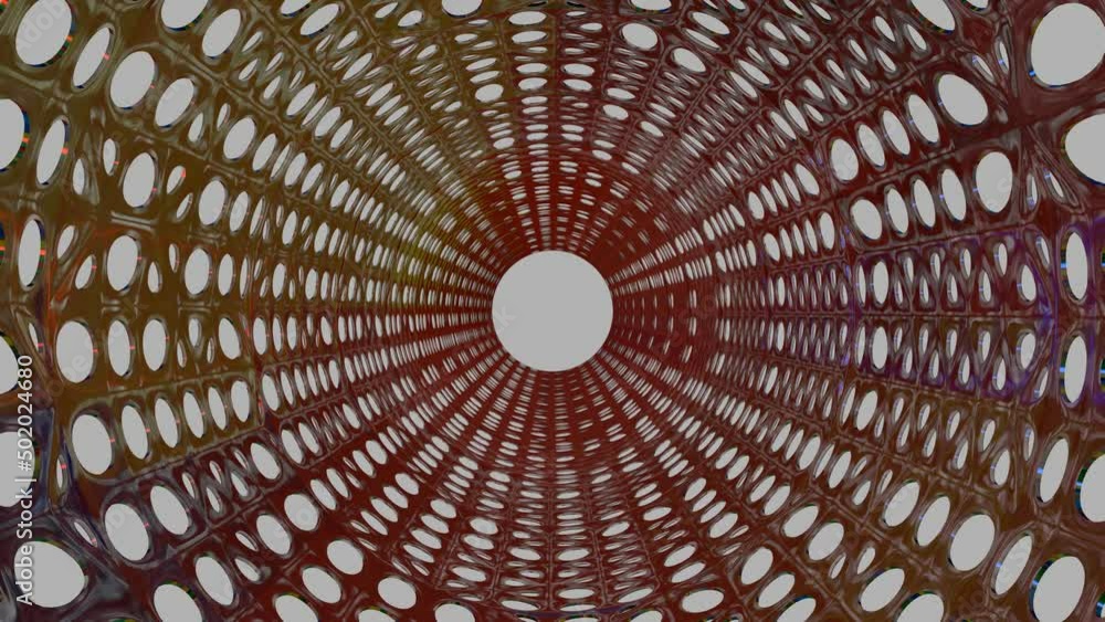 Poster the passage of the camera through an endless round tunnel with holes. 3d render
