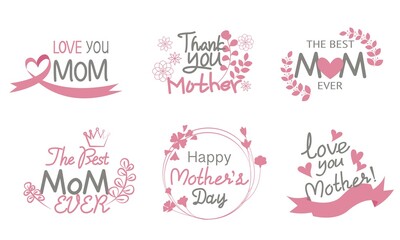 Set of Mother's day decoration texts. Happy Mother's day design icons for tag, labels and graphic design. Vector illustration.