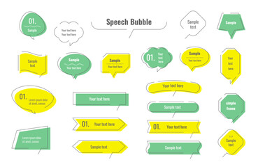 Set of flat yellow and green bubble speech. Talk bubble. Cloud speech bubbles collection. Banners, price tags, stickers, posters, badges. Vector