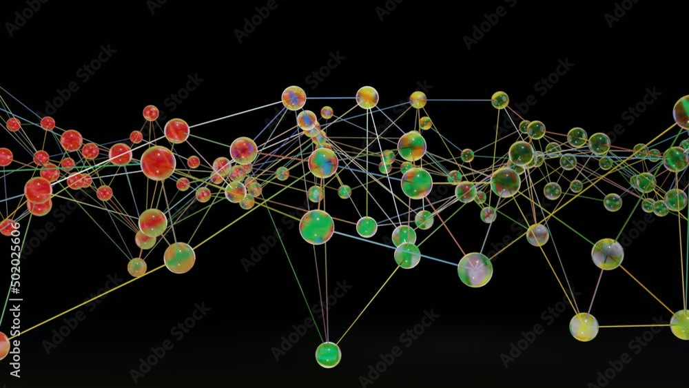 Poster abstract animated background of glass spheres connected by lines. 3d render