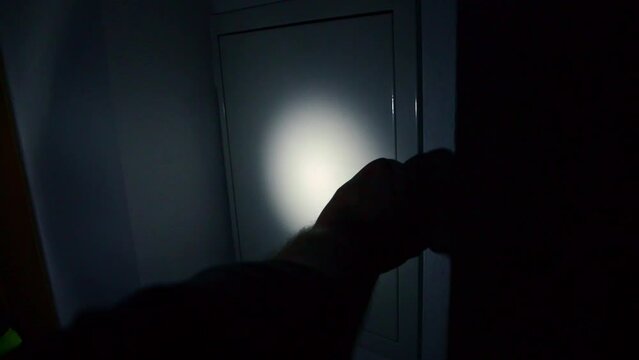Filmmaterial mit Ton eines Sicherungskasten mit Sicherungen wird von einem Mann w&auml;hrend eines Stromausfall mit  blauer Taschenlampe beleuchtet und ge&ouml;ffnet, Deutschland