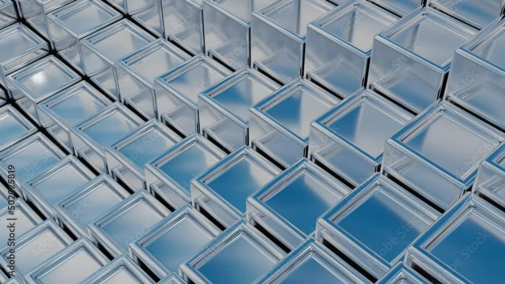 Poster abstract animated background of silver cubes rising and falling. 3d render