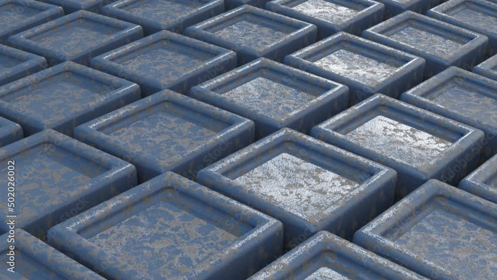 Poster abstract animated background of silver cubes rising and falling. 3d render