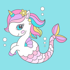 Baby unicorn seahorse with rainbow mane. Cute cartoon character. For children's design of prints, posters, postcards, stickers, cards and so on. Vector - obrazy, fototapety, plakaty