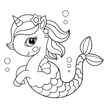 Cute cartoon unicorn seahorse. Black and white linear image. Doodle style. For children's design of coloring books, postcards, stickers, prints, posters, tattoos, etc.Vector