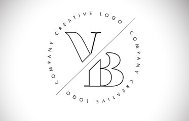 Outline VB v b letter logo with cut and intersected design and round frame.