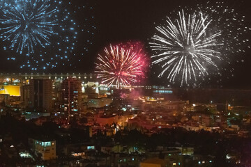 Blurred background with Fireworks in Haifa on Independence Day. Israel on yom haatzmaut. Firework...