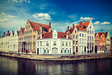 Fototapeta na wymiar Benelux Europe Belgium tourist Travel concept - Bruges canal and old historic houses of medieval architecture. Brugge, Belgium