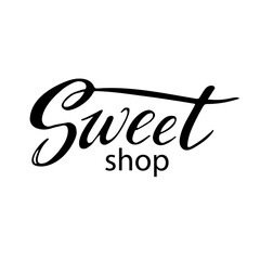 Sweet shop. Vector hand lettering. Black calligraphy letters on the white background. Name of cafe and shop candy dessert bakery . digital trendy illustration