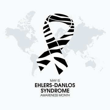 May Is Ehlers Danlos Syndrome Awareness Month Vector. Zebra Awareness Ribbon And World Map Icon Vector. Important Day