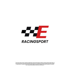 letter E with racing flag icon template logo design