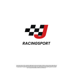 letter J with racing flag icon template logo design