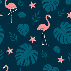 Summer pattern. Vector seamless pattern with summer symbols, such as flamingo, tropical leaves, and starfish in doodle style.