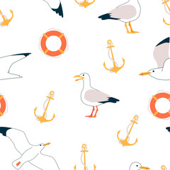 Summer pattern. Vector seamless pattern with summer symbols, such as seagulls, anchor,