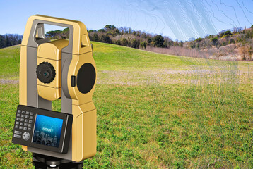 Topographic survey of an hilly terrain, level curves and 3D rendering of a geodesic device, called...
