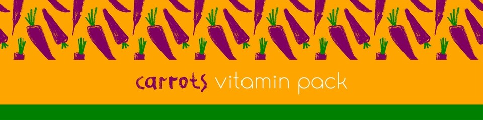 Vitamin A banner with vector carrot pattern seamless. Textured hand-drawn carrots background. Healthy eating concept. Vegetable drawing for vitamin pack label, natural juice packaging. Beta carotene.