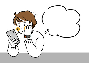 スマホを見て考え込む男性イラスト