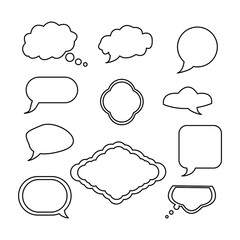 Vector set of talking clouds. 11 clouds with place for text in line style. Bubble speech set, great design for any purpose. Sticker design.Vector illustration with frames and clouds for text.