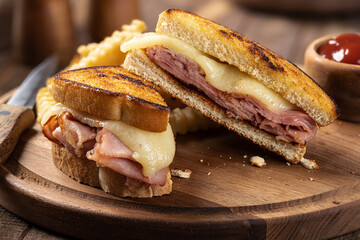 Grilled ham and cheese sandwich and french fries - 502031427
