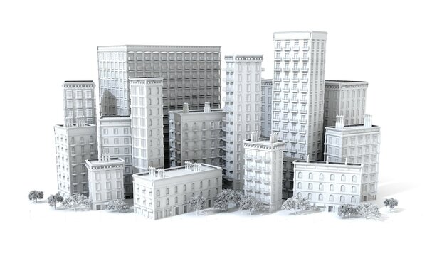 Beautiful city with periodic buildings. 3D rendering illustration