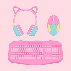 Pink Rerto Gamer Girl elements set. Vintage pink computer game equipment - mouse, keyboard and headphones vector illustration.