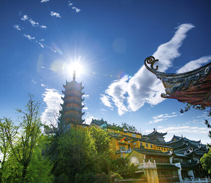 Jinshan Lake corridor bridge of Jinshan Temple in Zhenjiang with blue sky and clouds