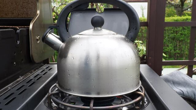 The kettle is placed on a gas stove. Ignited gas burner.