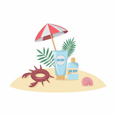 Bottles of sunscreen on the beach