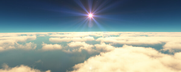 fly above clouds sunset landscape 3d render