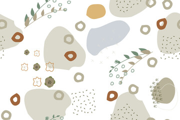 Fototapeta premium Pattern bed linen. Abstract seamless background, geometric shapes. Vector illustration of repeating ornament, modern pastel color. Flowers, leaves, doodles on white. For textiles, fabrics, bed linens.
