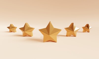 Five golden stars feedback rank vote on orange background. Opinion and marketing survey concept. 3D illustration rendering