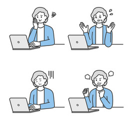 高齢女性がパソコンを操作するイラスト素材