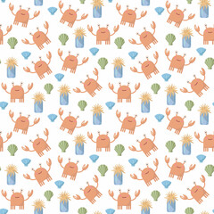 Seamless pattern with crabs, shells and anemones