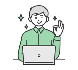 高齢男性がパソコンを操作するイラスト素材