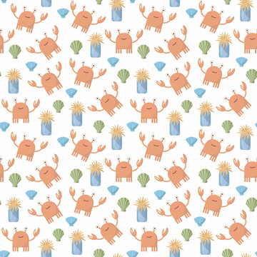 Seamless pattern with crabs, shells and anemones