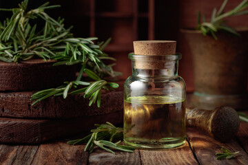 Rosemary essential oil or infusion on an old wooden table.